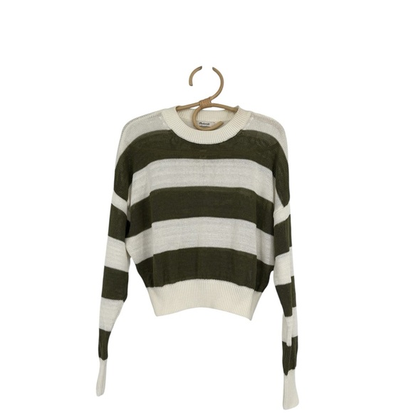 Madewell Loose Open Knit Crewneck Lightweight Sweater White Green Stripe NWT XS - Picture 3 of 12